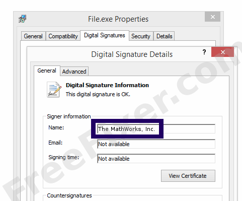 Screenshot of the The MathWorks, Inc. certificate